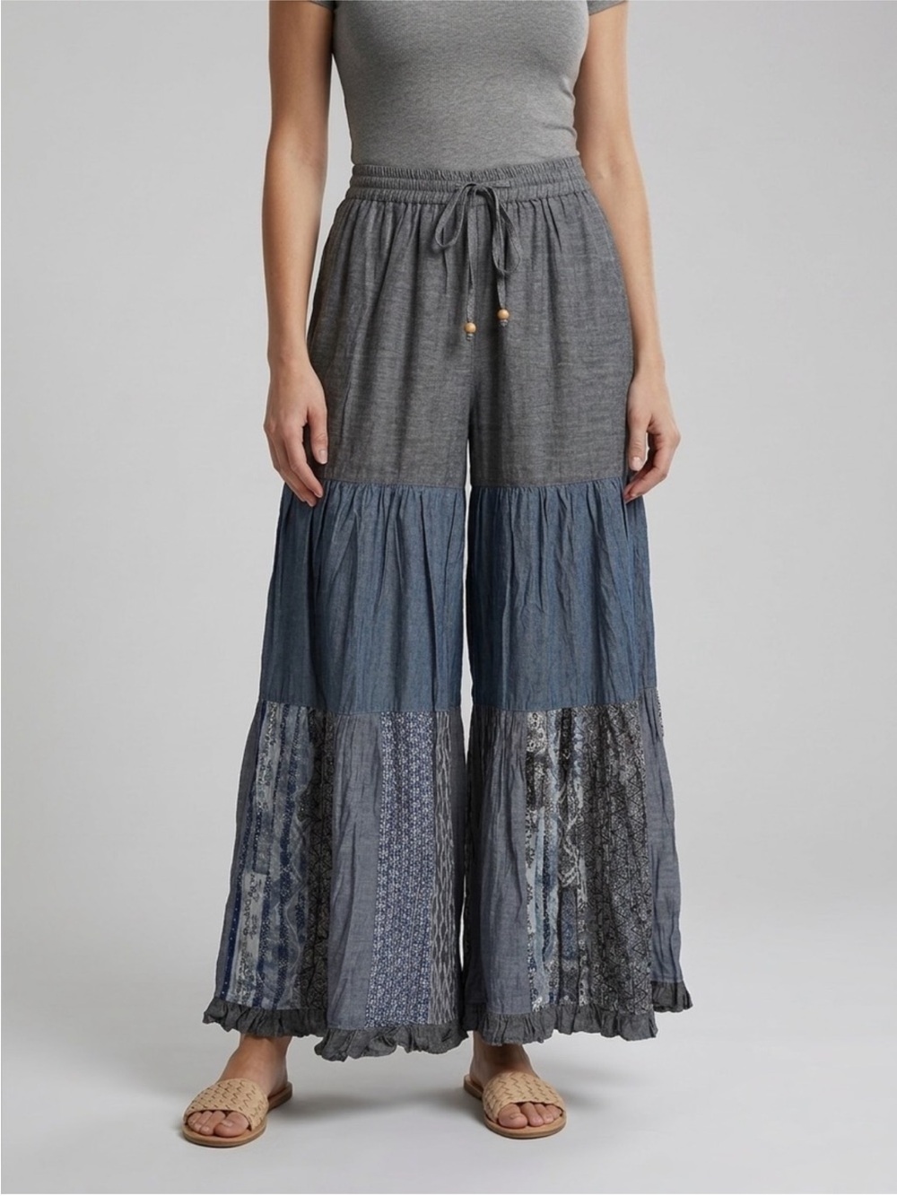 NWT: Young Threads Tiered Boho Patchwork Elastic Waist Wide Leg Pants• Medium